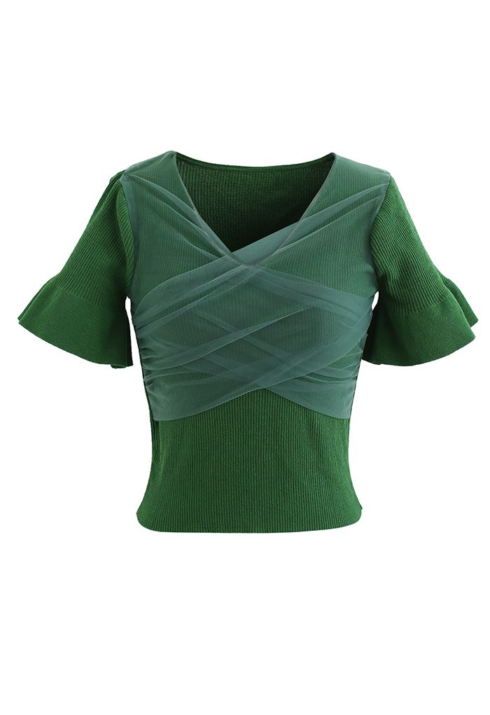 Cross Mesh Flare Cuff Crop Knit Top in Green - Retro, Indie and Unique ...