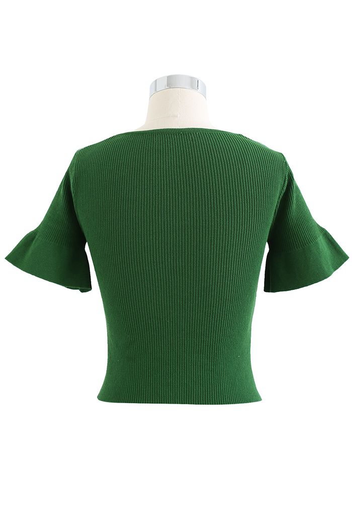 Cross Mesh Flare Cuff Crop Knit Top in Green
