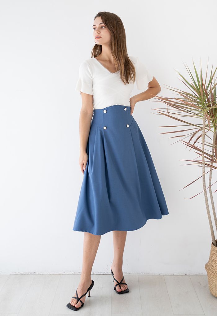 Pearly Waist Buttoned A-Line Midi Skirt in Blue - Retro, Indie and ...