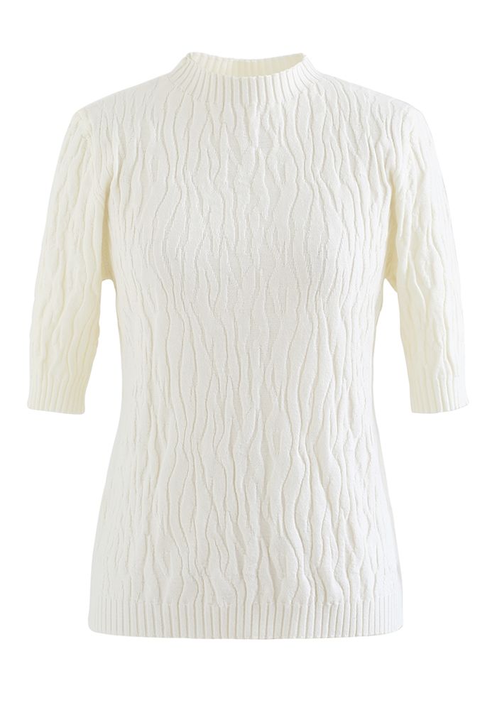 Mock Neck Textured Knit Top in White
