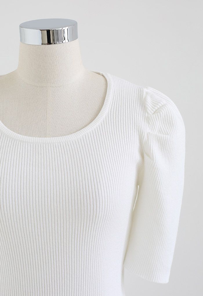 Puff Elbow Sleeves Knit Top in White