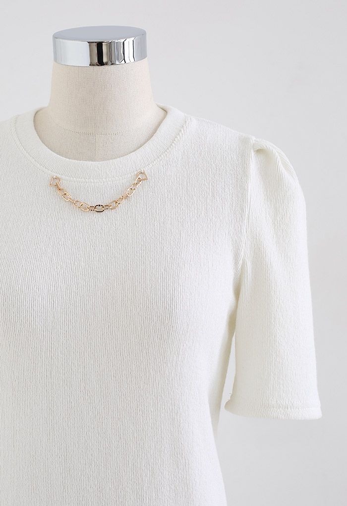 Short Sleeve Necklace Trimmed Top in White