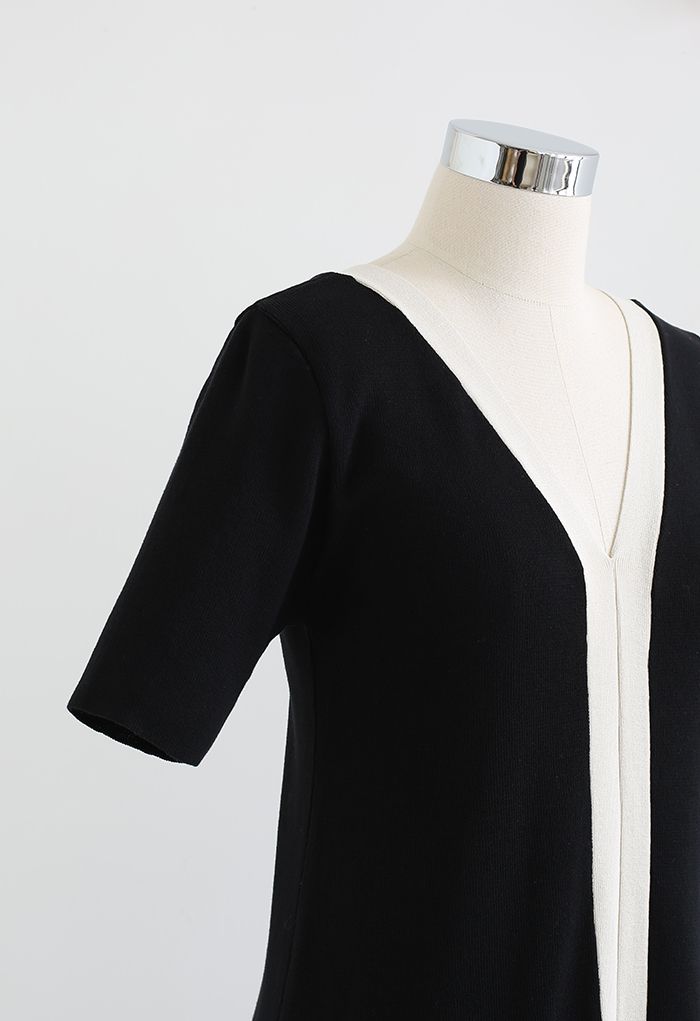 V-Neck Contrast Line Knit Midi Dress