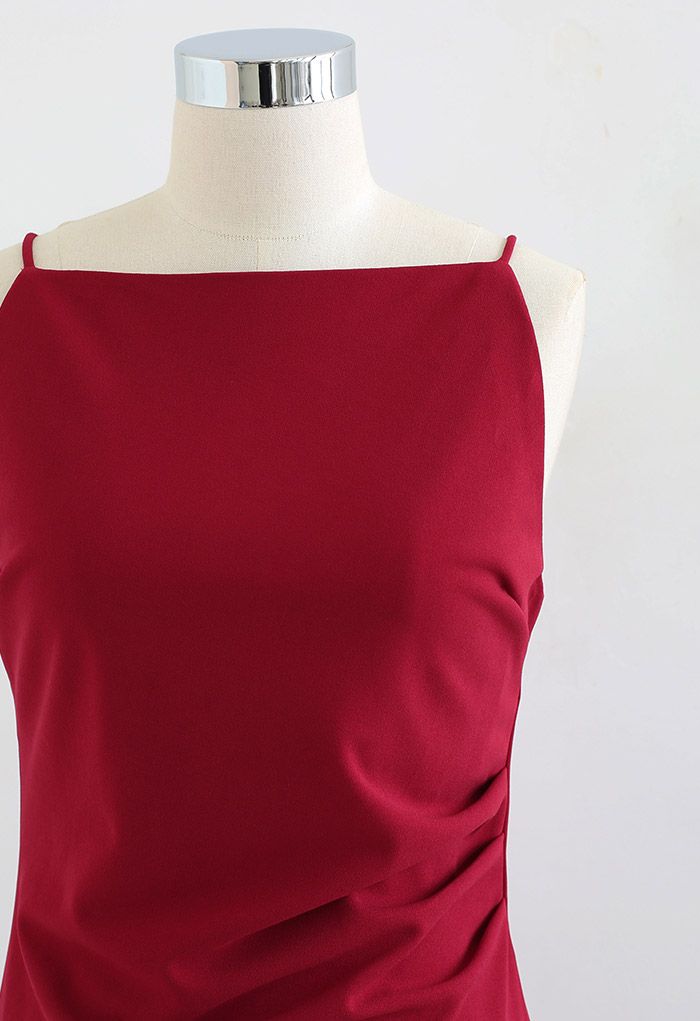 Side Pleated Split Sleeveless Midi Dress in Red