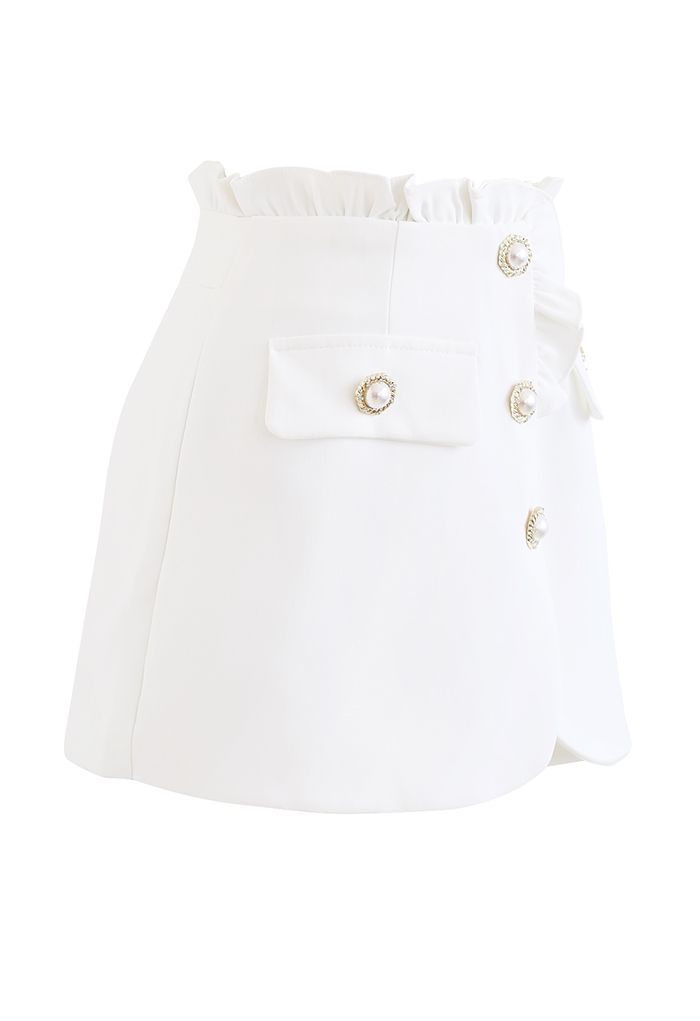 Ruffle Trim Pearl Button Flap Skorts in White - Retro, Indie and Unique ...