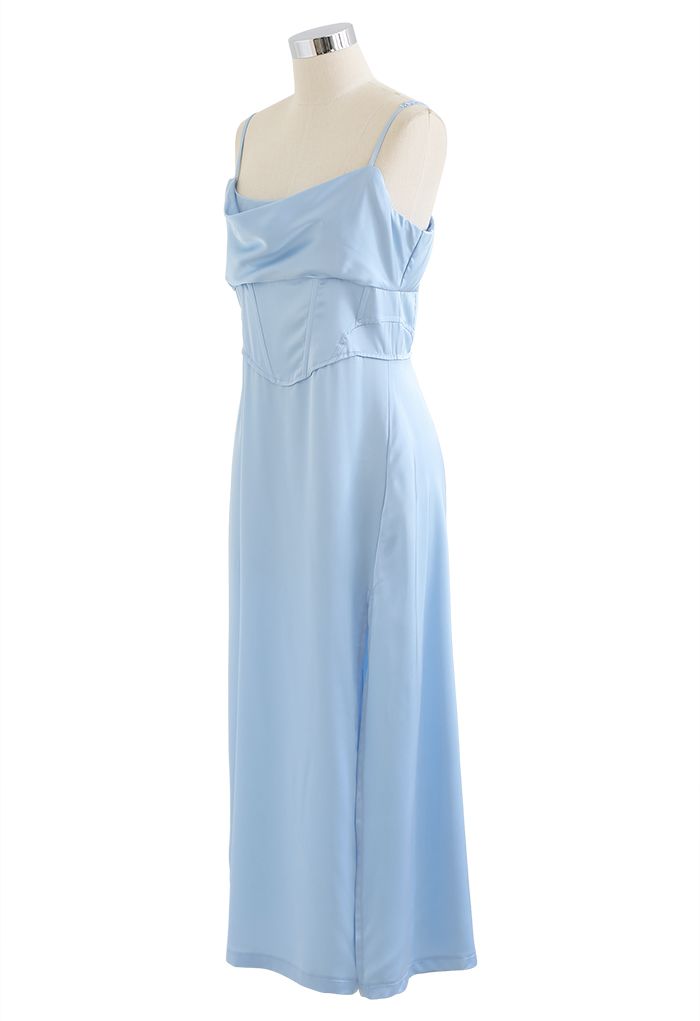 Cowl Neck Corset Waist Satin Cami Dress in Blue