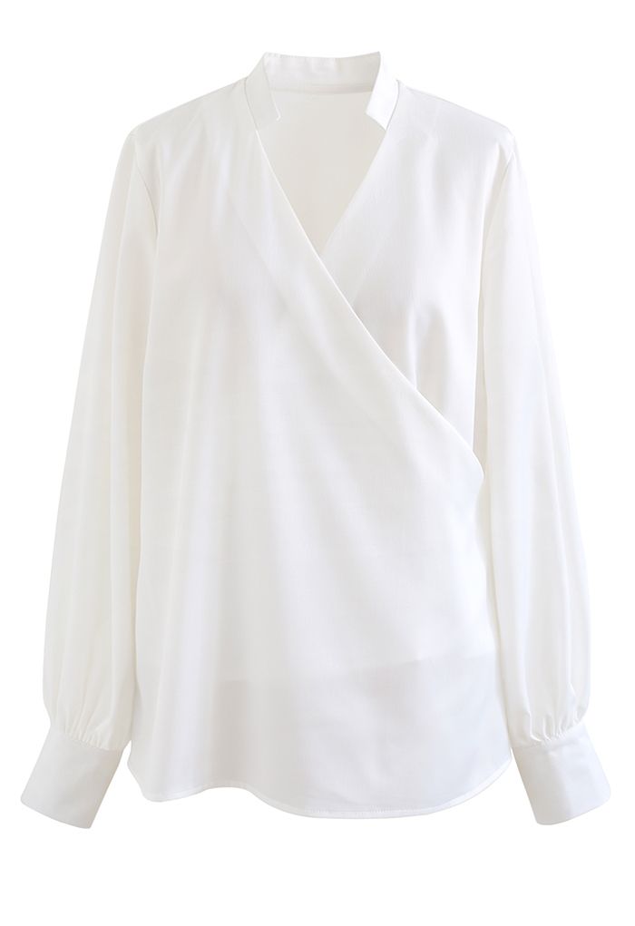 V-Neck Wrap Front Satin Smock Shirt in White