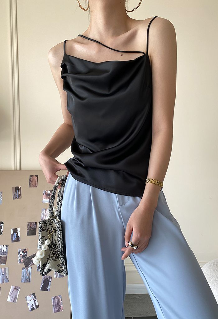 Triple Strings Cowl Neck Satin Tank Top in Black - Retro, Indie and Unique  Fashion