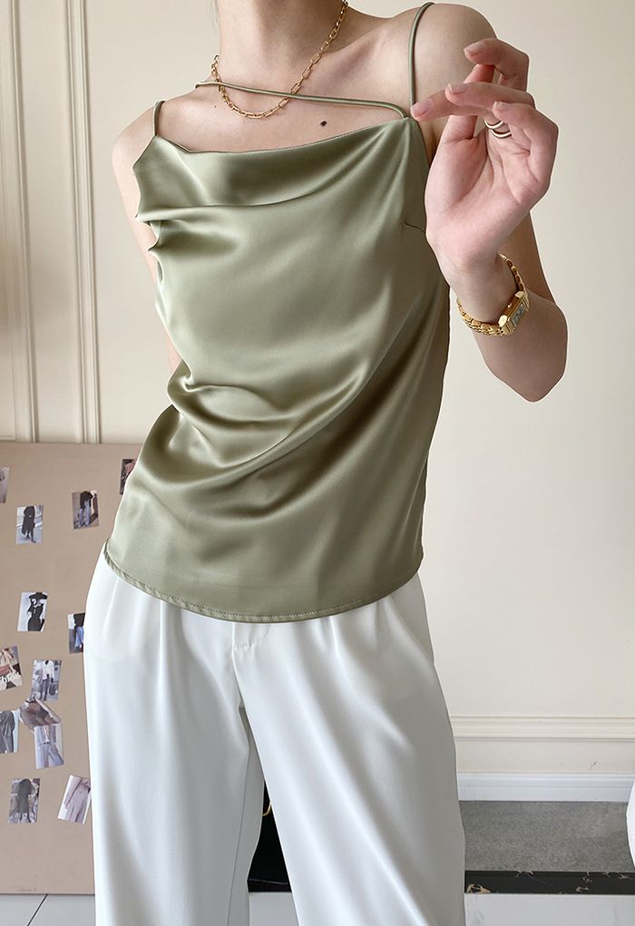 Triple Strings Cowl Neck Satin Tank Top in Olive - Retro, Indie and ...