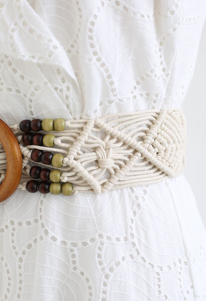 Wooden Buckle Bead Decor Woven Belt in Ivory