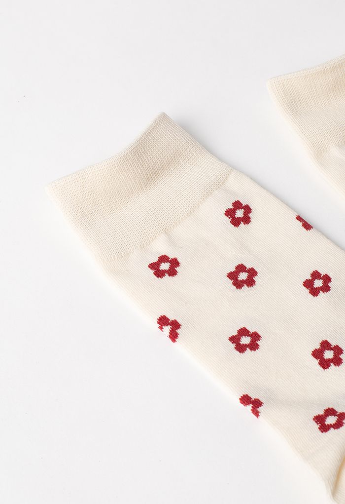Red Floret Jacquard Crew Socks - Retro, Indie and Unique Fashion