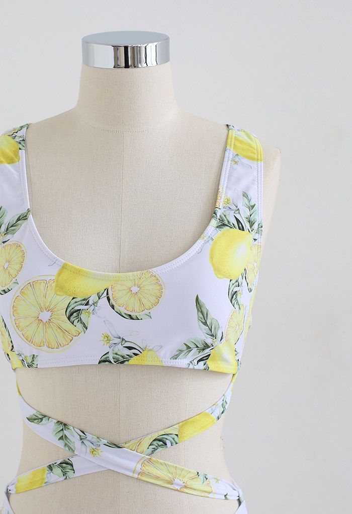 Lemon Print Cross Tie-Waist Bikini Set