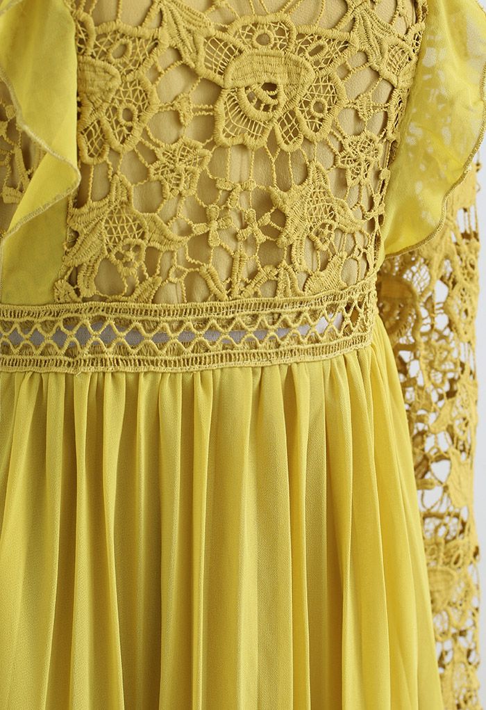 Floral Crochet Chiffon Spliced Pleated Midi Dress in Yellow