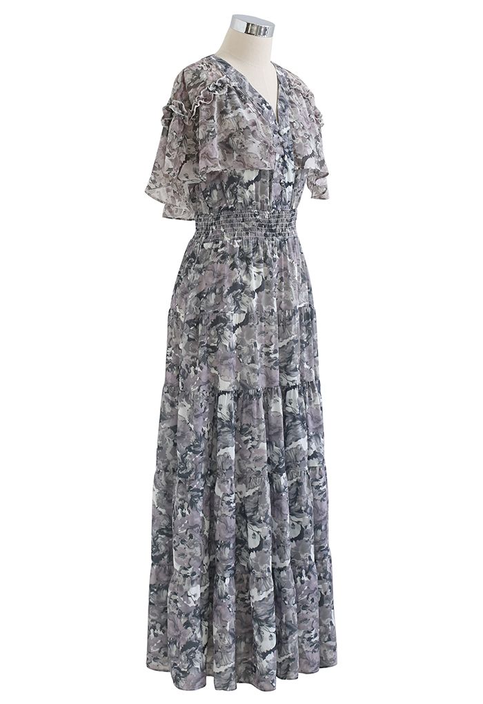 Cape Shoulder Watercolor Chiffon Maxi Dress in Grey