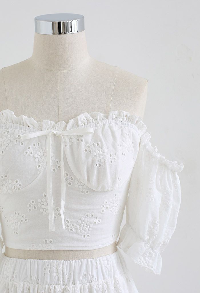 Floral Embroidery Off-Shoulder Crop Top and Skirt Set