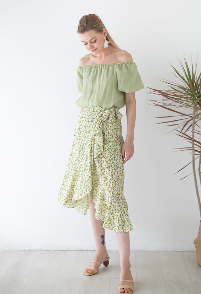 Green Daisy Tie-Waist Asymmetric Flap Skirt