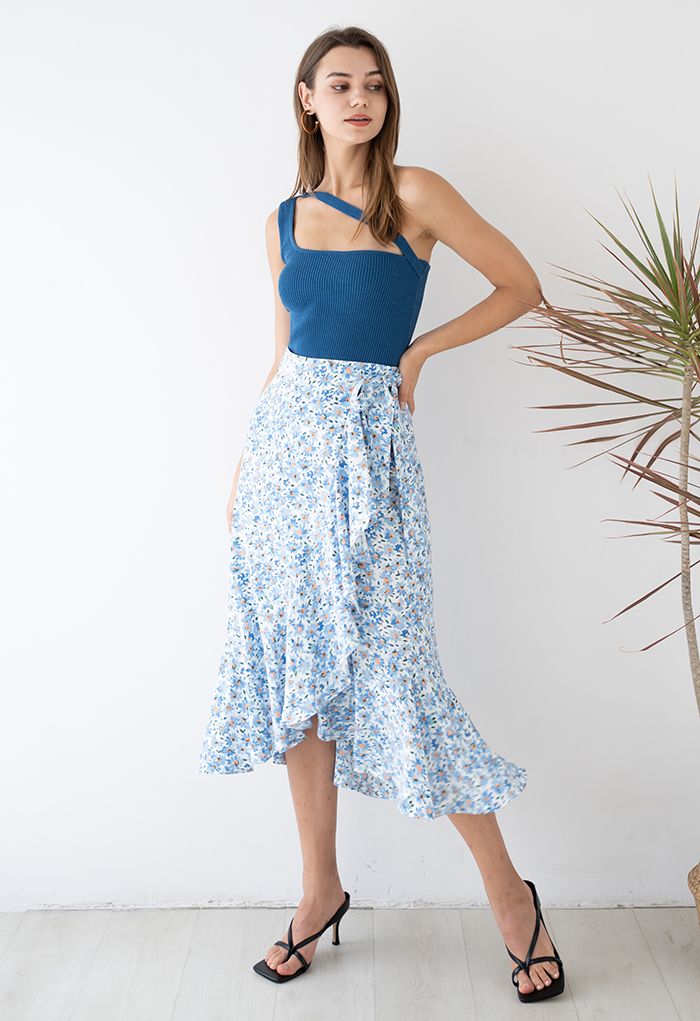 Blue Daisy Tie-Waist Asymmetric Flap Skirt