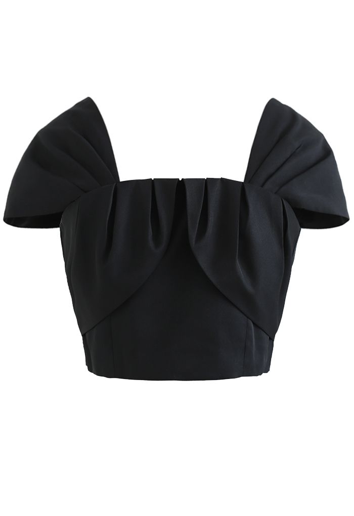 Flap Bust Shirred Back Crop Top in Black