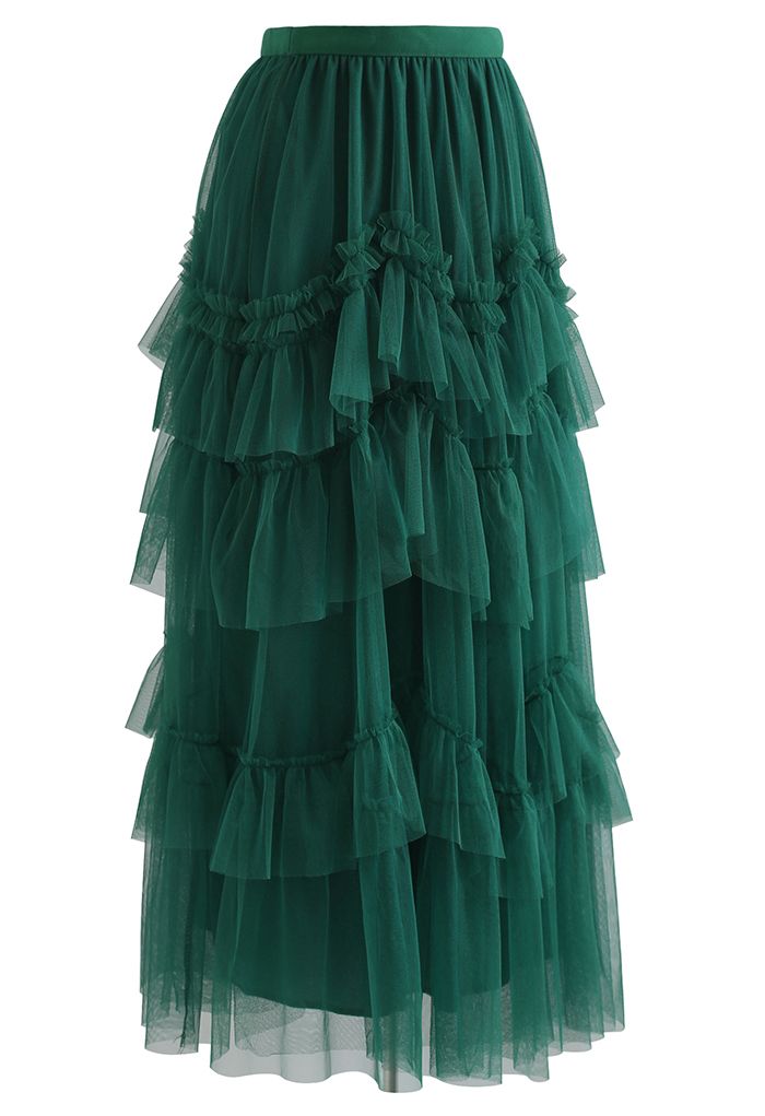 Exquisite Tiered Ruffle Mesh Tulle Skirt in Green