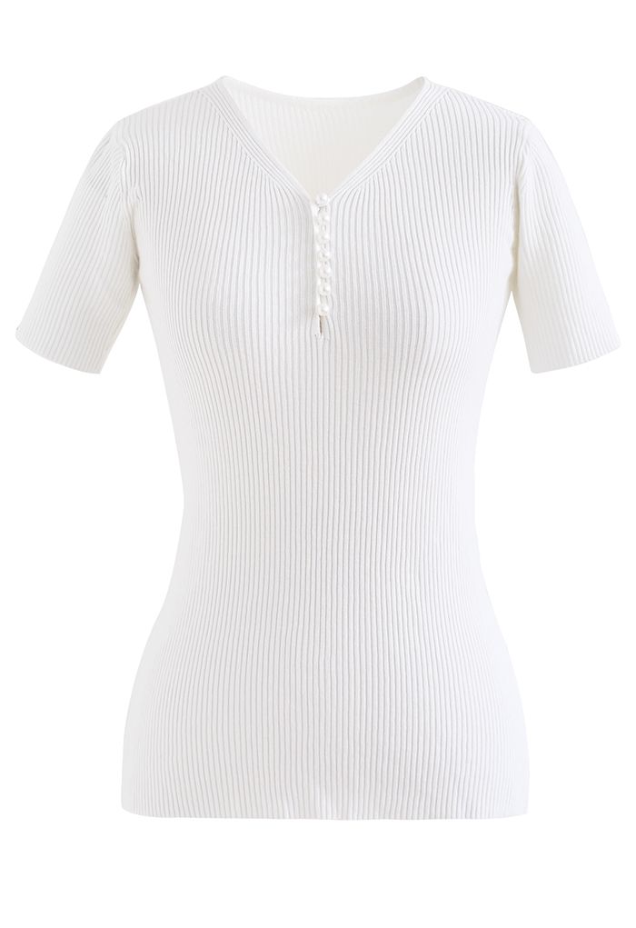 Pearly Button Short Sleeve Knit Top in White