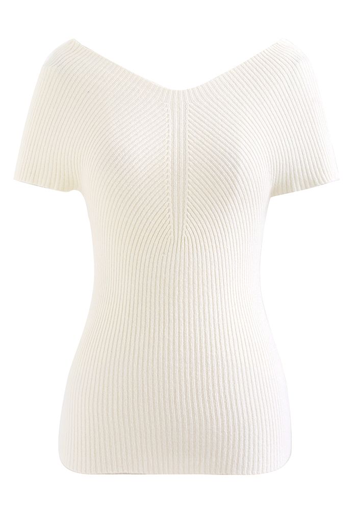 V-Neck Short-Sleeve Fitted Knit Top in Ivory