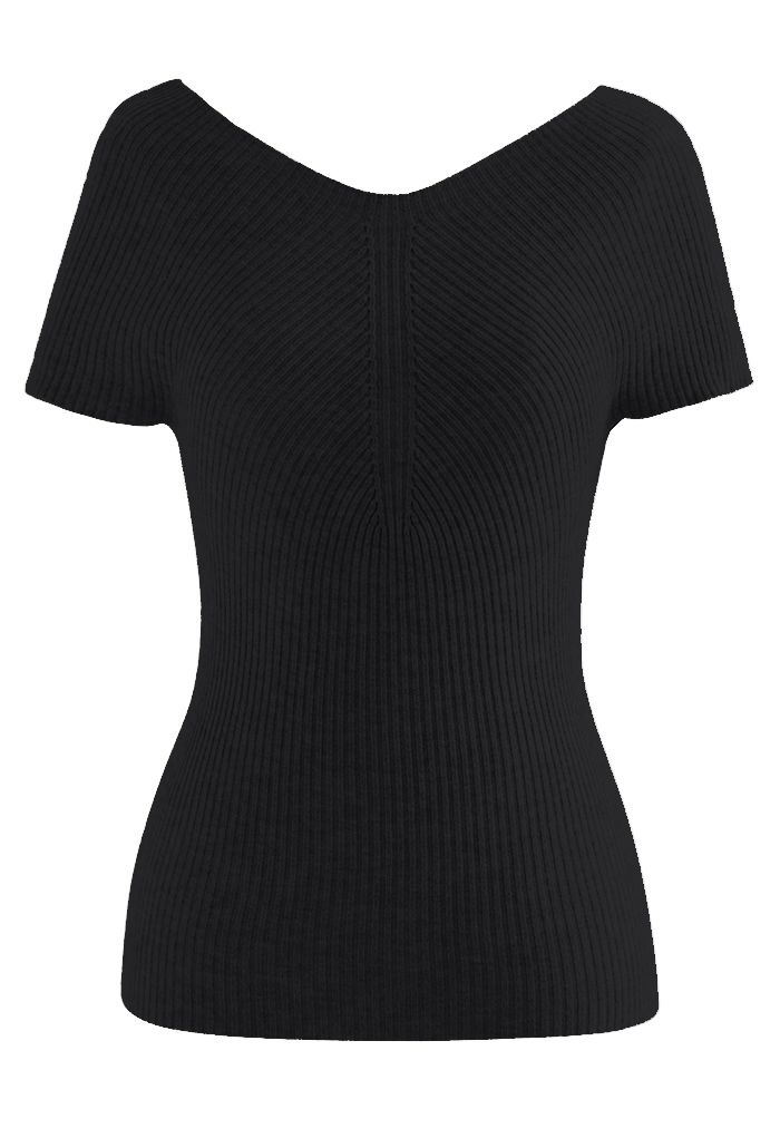 V-Neck Short-Sleeve Fitted Knit Top in Black