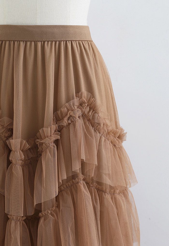 Exquisite Tiered Ruffle Mesh Tulle Skirt in Caramel