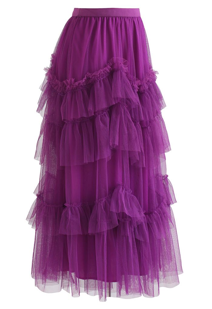 Exquisite Tiered Ruffle Mesh Tulle Skirt in Magenta