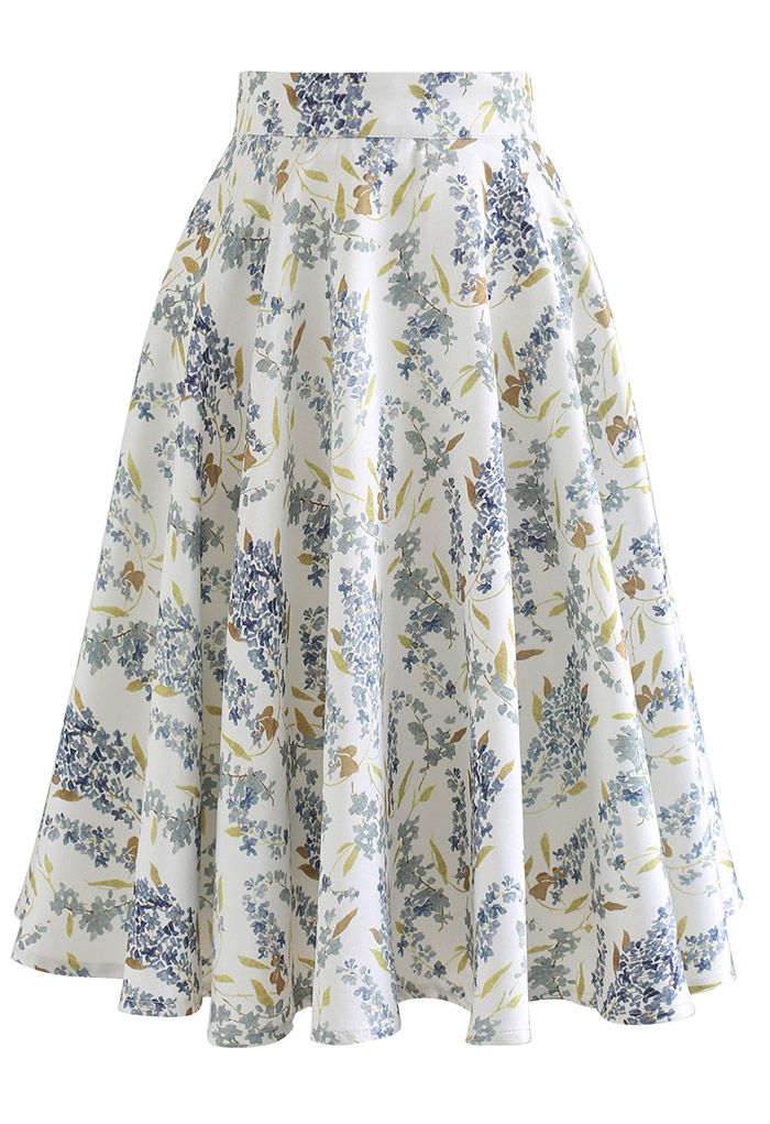 Watercolor Wisteria Flare Midi Skirt