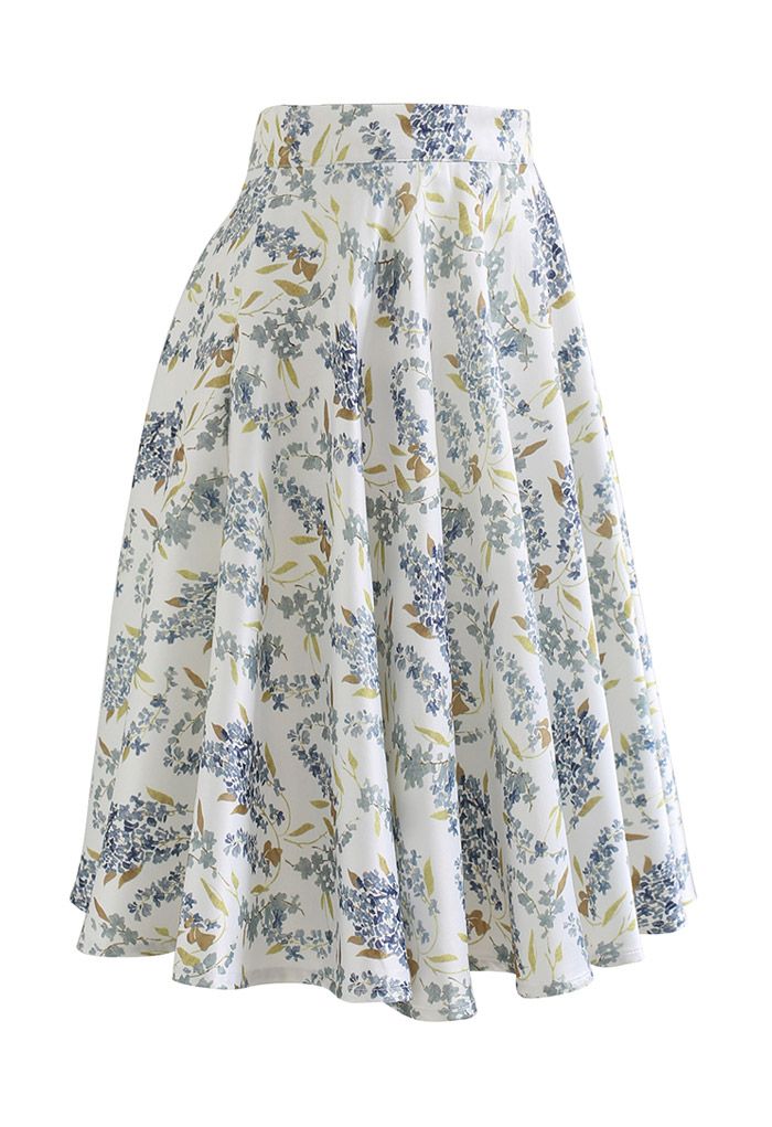 Watercolor Wisteria Flare Midi Skirt