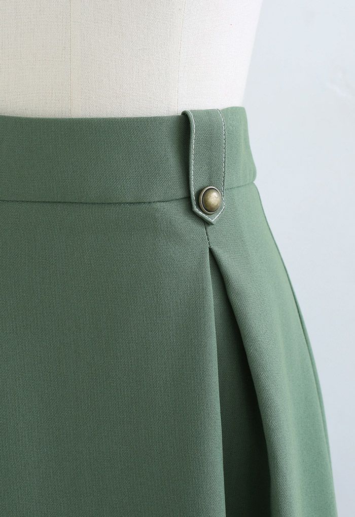 Button Trim Stitches Pleated Flare Midi Skirt in Army Green