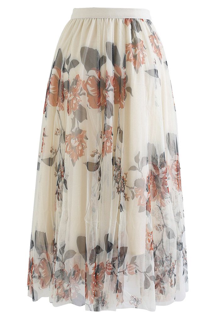 Floral Print Double-Layered Mesh Midi Skirt in Cream