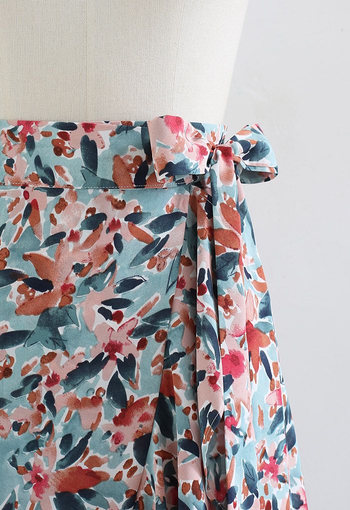 Watercolor Floral Tie-Waist Asymmetric Flap Skirt