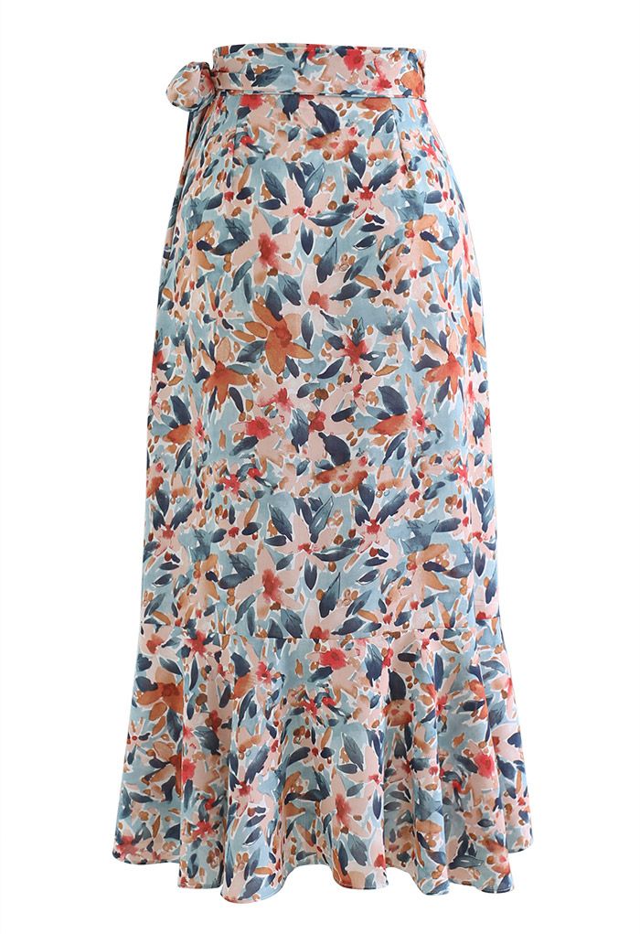 Watercolor Floral Tie-Waist Asymmetric Flap Skirt