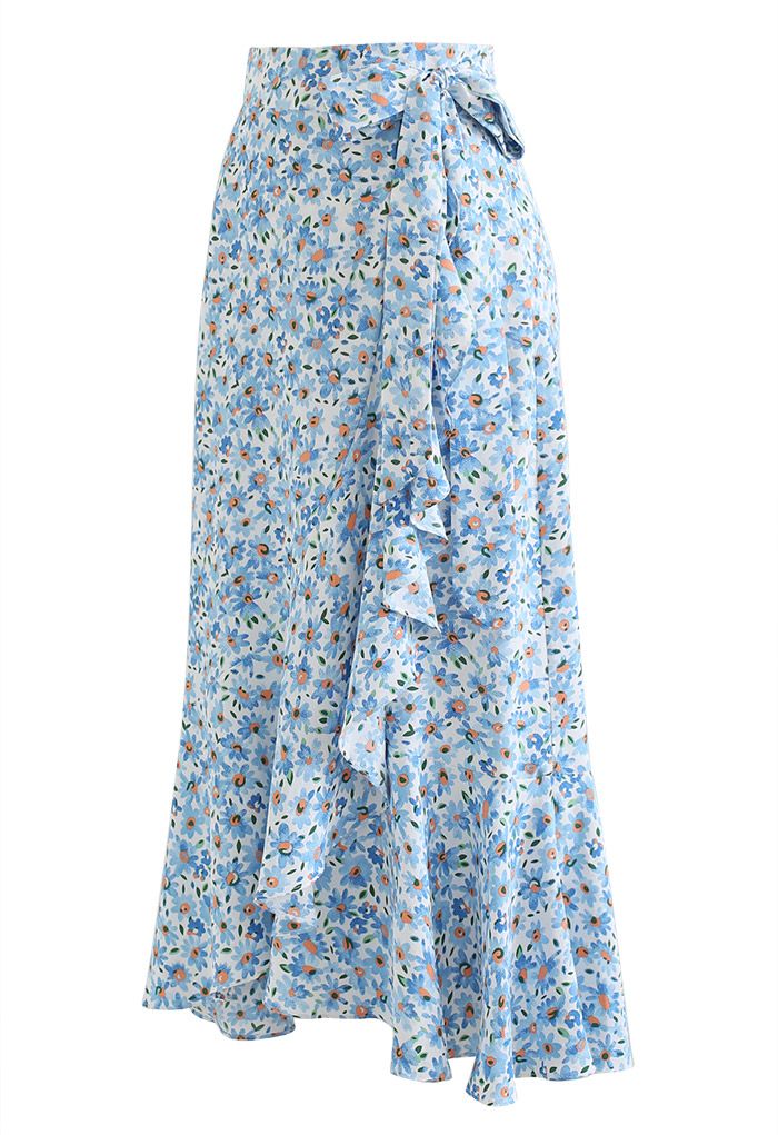 Blue Daisy Tie-Waist Asymmetric Flap Skirt