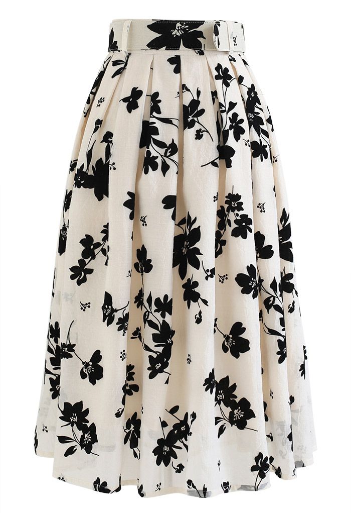 Black Velvet Floral Pleated Belted Midi Skirt