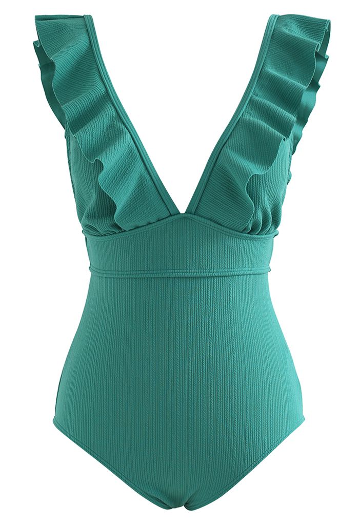 Deep-V Lace-Up Ruffle Swimsuit in Turquoise