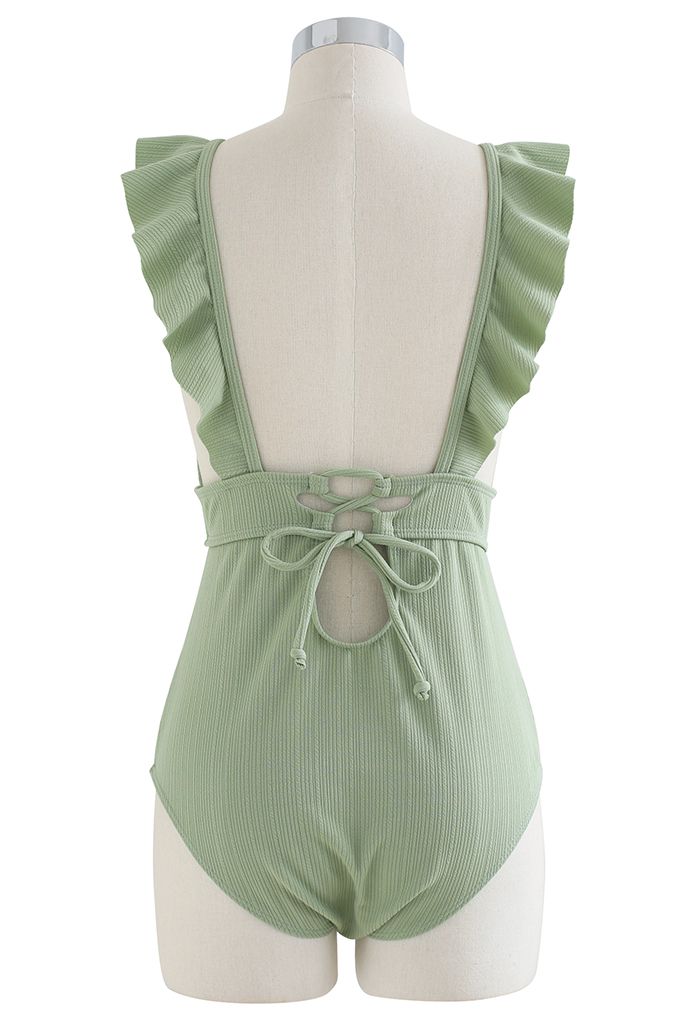 Deep-V Lace-Up Ruffle Swimsuit in Mint