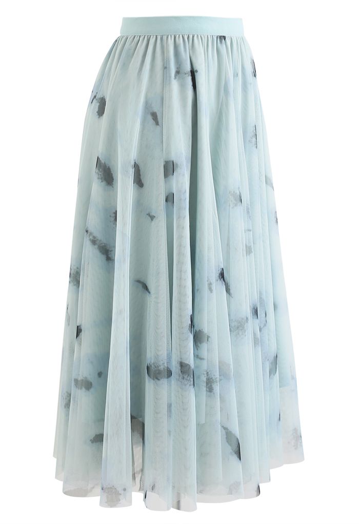 Splash-Ink Panelled Mesh Tulle Midi Skirt in Mint