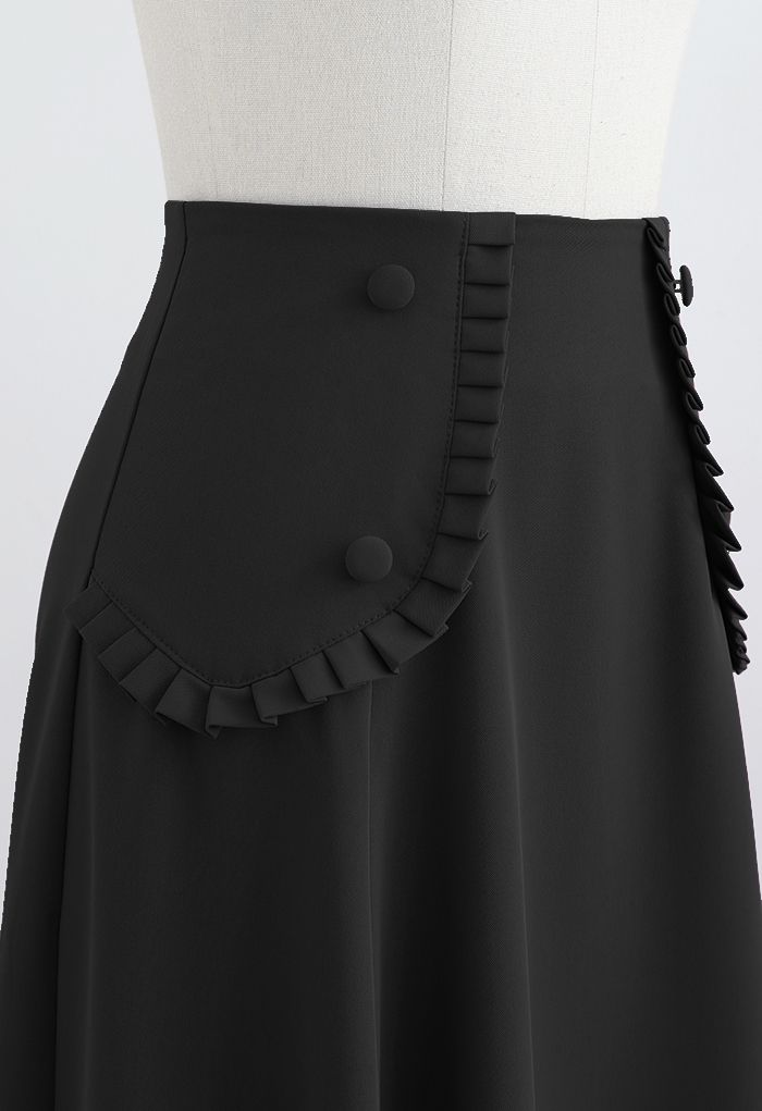 Pleated Fake Pocket Seamed Flare Skirt in Black