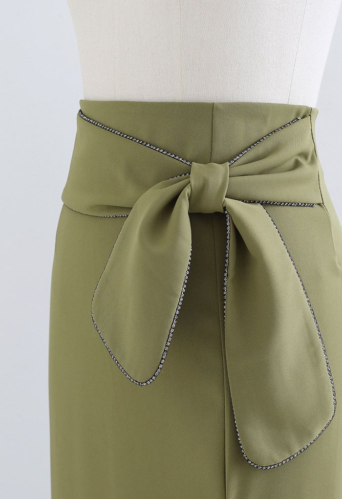 Crystal Edge Knotted Waist Split Pencil Skirt in Army Green