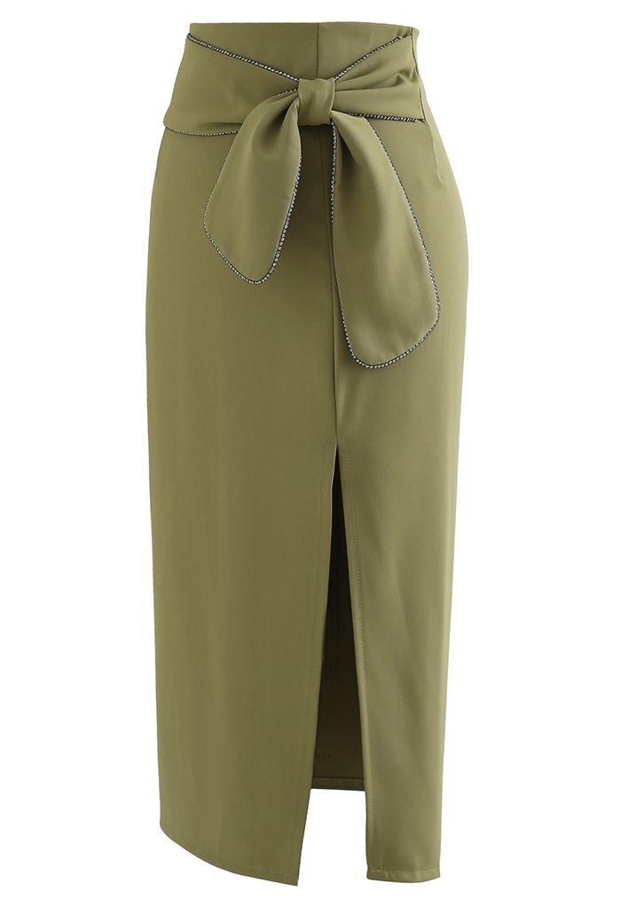 Crystal Edge Knotted Waist Split Pencil Skirt in Army Green