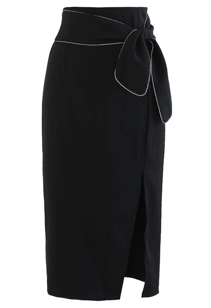 Crystal Edge Knotted Waist Split Pencil Skirt in Black
