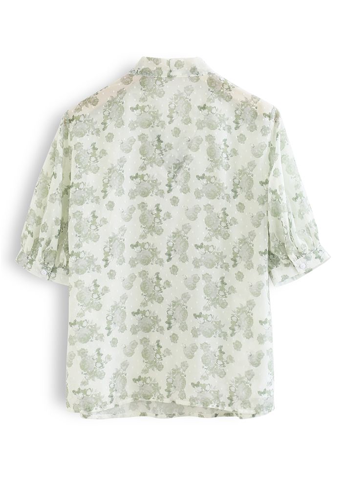 Rose Print Flock Dots Bowknot Chiffon Shirt in Green