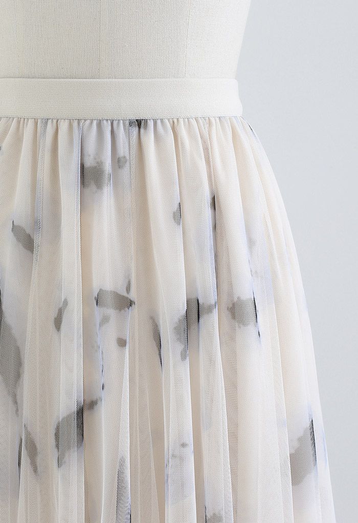 Splash-Ink Panelled Mesh Tulle Midi Skirt in Cream