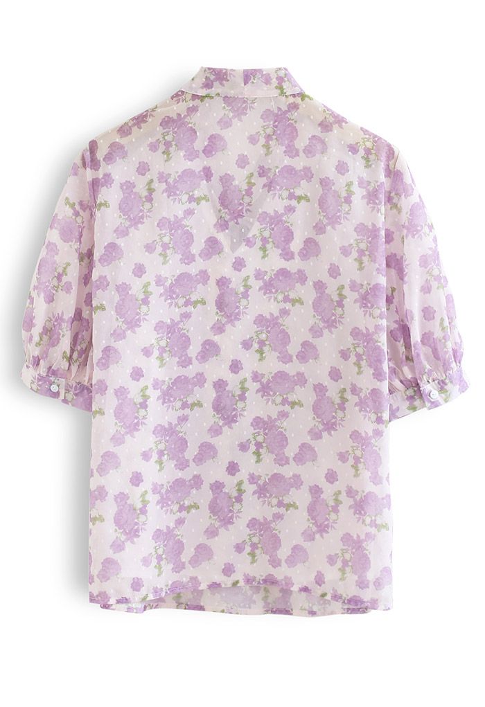 Rose Print Flock Dots Bowknot Chiffon Shirt in Lilac