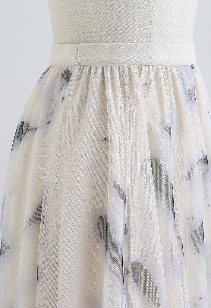 Splash-Ink Panelled Mesh Tulle Midi Skirt in Cream