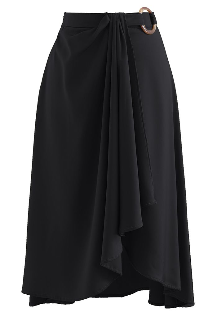 O-Ring Draped Flap Asymmetric Satin Skirt in Black