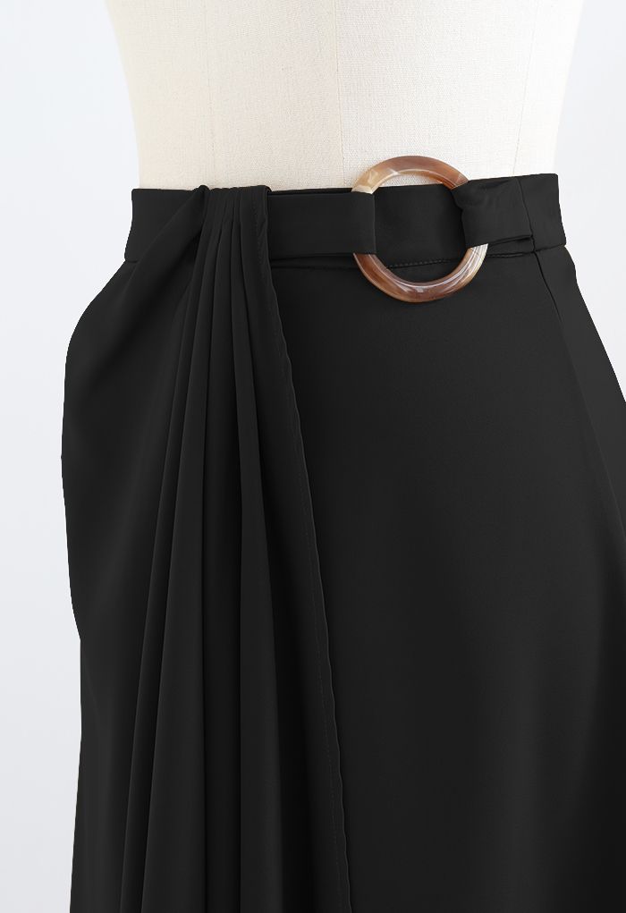 O-Ring Draped Flap Asymmetric Satin Skirt in Black
