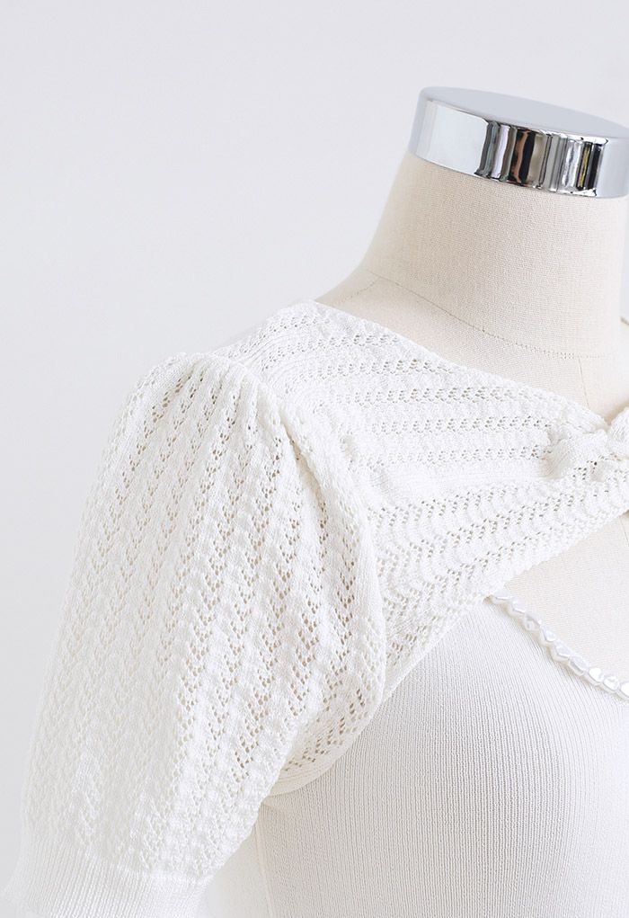 Twist Neck Hollow Out Knit Spliced Top in White